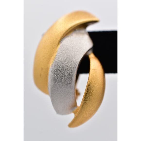 Lee Wolfe Vintage Clip On Earrings Brushed Gold Silver Satin Chunky Signed BinAV - Picture 6 of 12